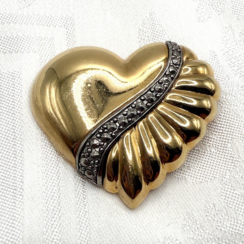 Vintage Faux Marcasite Gold and Silver Tone Puffed Seashell Heart Brooch